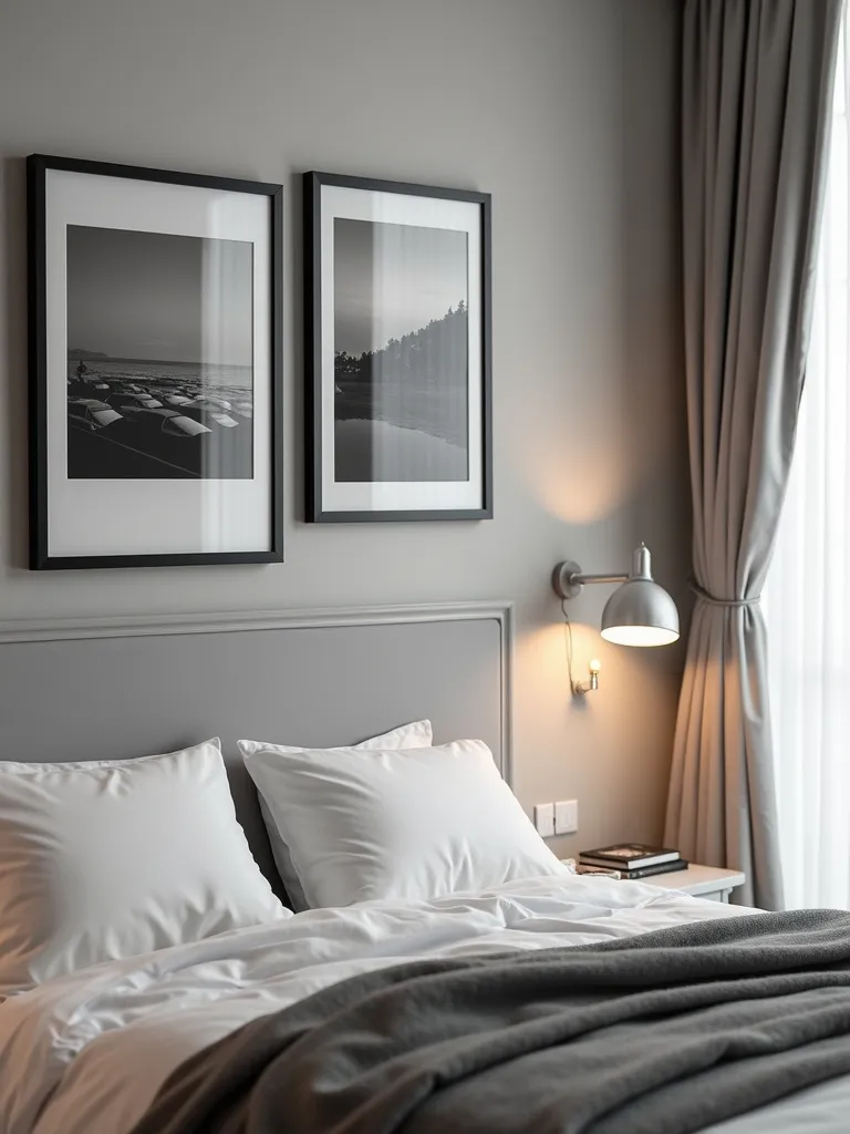 Personalized bedroom wall decor featuring black and white travel photos in black frames, softly illuminated by wall sconces.