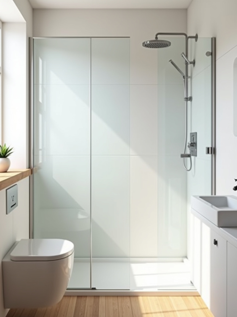 “A bright, small bathroom made spacious by replacing a bathtub with a modern walk-in shower featuring clear glass doors.”