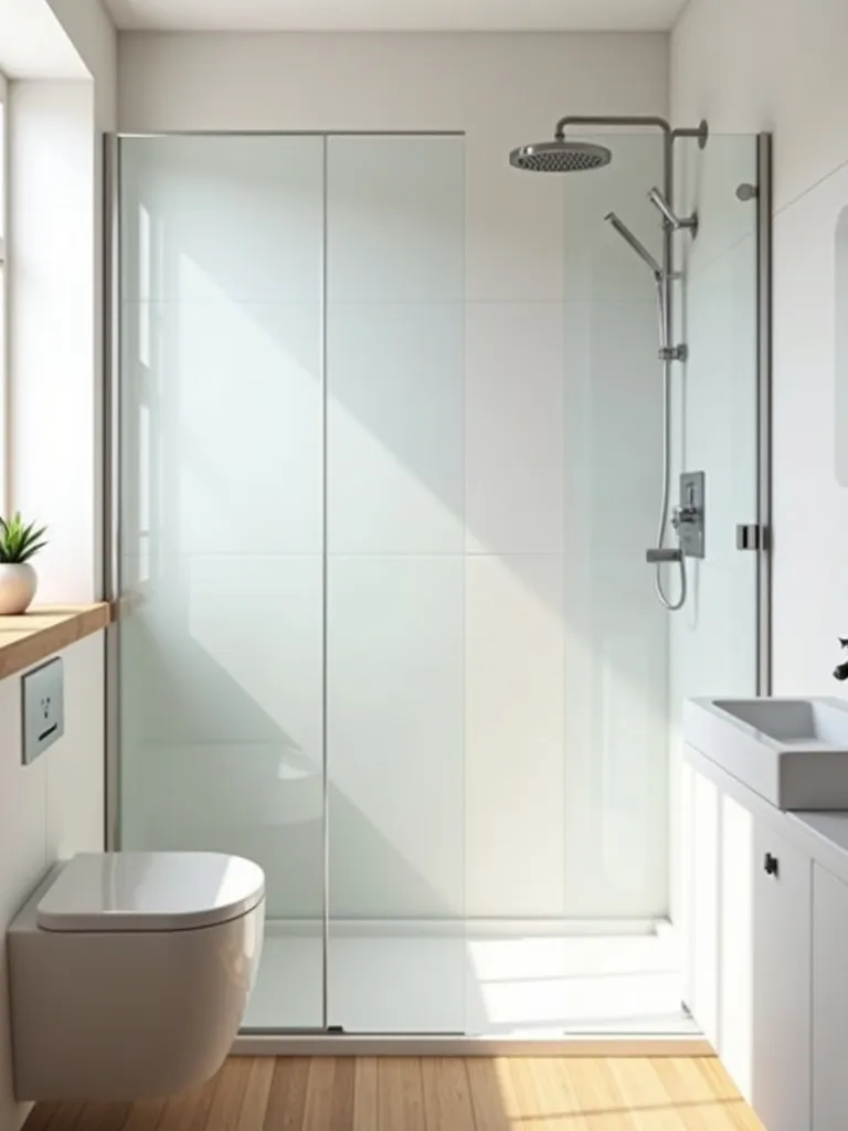 “A bright, small bathroom made spacious by replacing a bathtub with a modern walk-in shower featuring clear glass doors.”