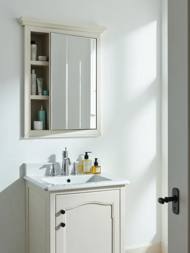 Small bathroom vanity area featuring a recessed mirrored cabinet for double-duty storage and reflection.