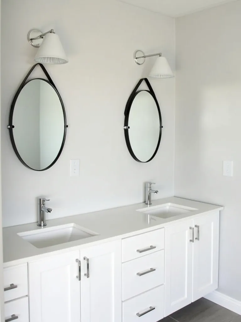 A shared bathroom featuring two identical round mirrors with black frames above a double vanity with two sinks.
