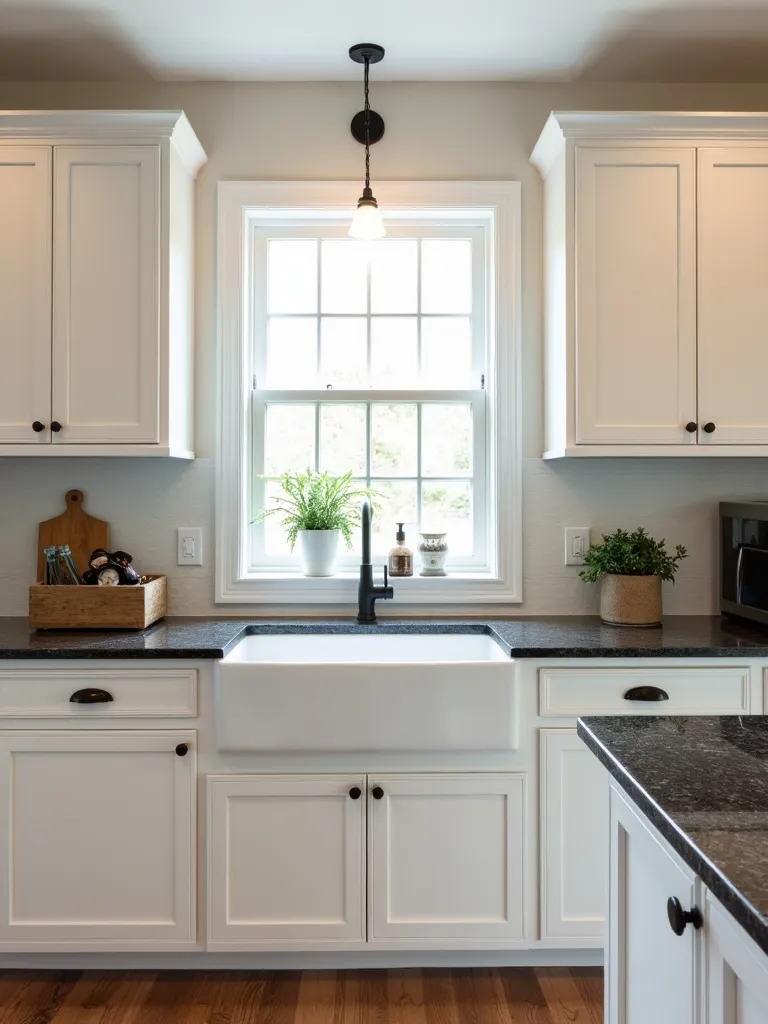 Modern farmhouse kitchen showcasing white shaker cabinets and dramatic black granite countertops with a leathered finish.