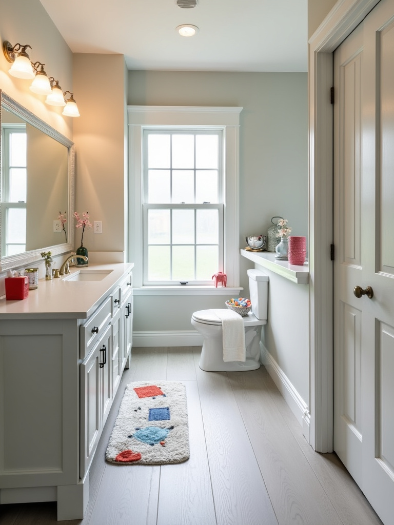 Cheerful family bathroom with light grey vinyl plank floor, double vanity, and bright lighting.