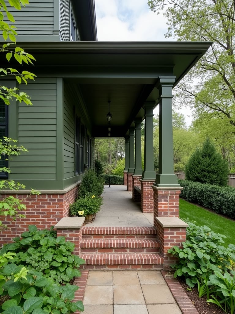 Earthy green porch with lots of greenery