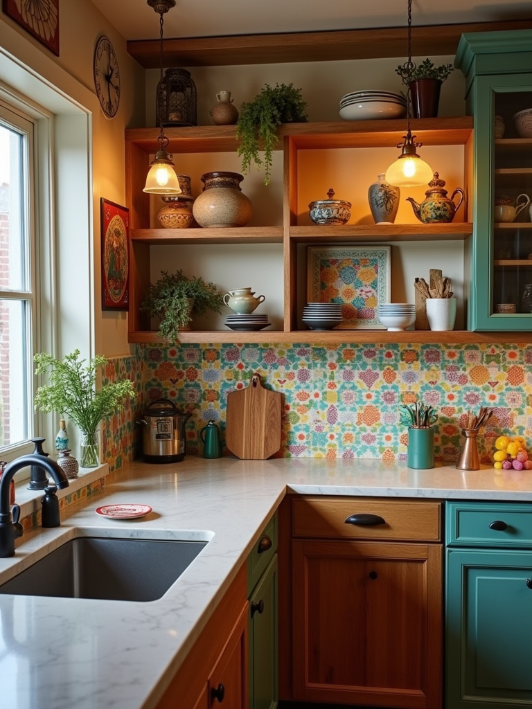 Eclectic kitchen with a mix of cabinet styles, open shelves, and colorful backsplash