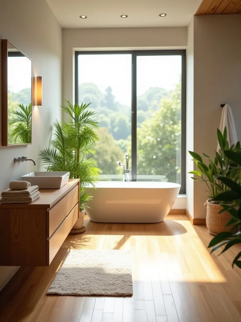 Eco-friendly bathroom with light bamboo flooring, natural wood vanity, and green plants.