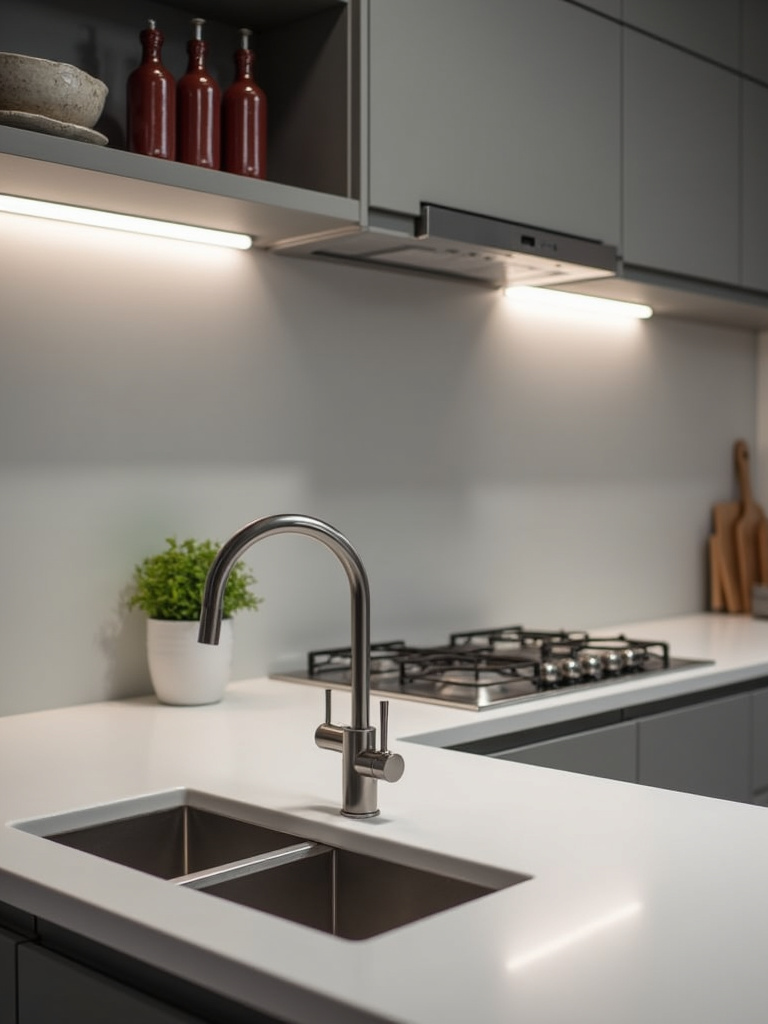 Detail shot of a clean and minimalist kitchen featuring a seamless grey solid surface backsplash designed for easy maintenance