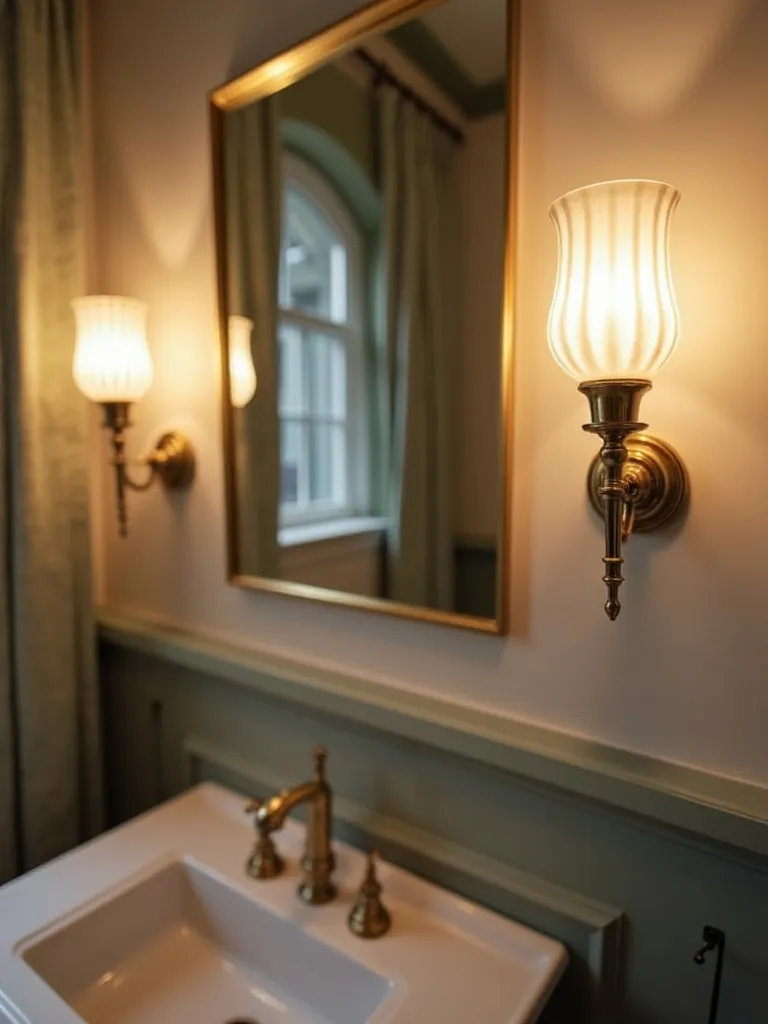 A well-lit close up shot featuring a pair of elegant sconces illuminating a bathroom mirror, with details of the surrounding decor visible with soft lighting in a classic styled bathroom space.