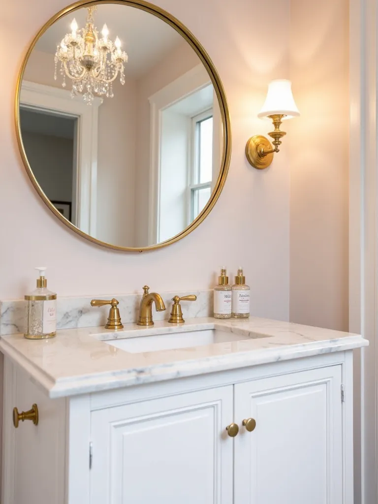 A glam bathroom featuring a round mirror with a thin gold frame above a white lacquered vanity.