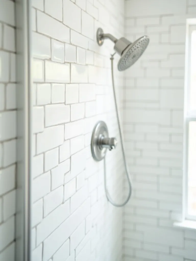Small bathroom shower featuring vertical stack bond subway tiles to create the illusion of taller walls.
