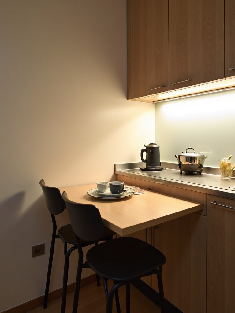 Apartment kitchen featuring a fold-down table providing instant dining space.