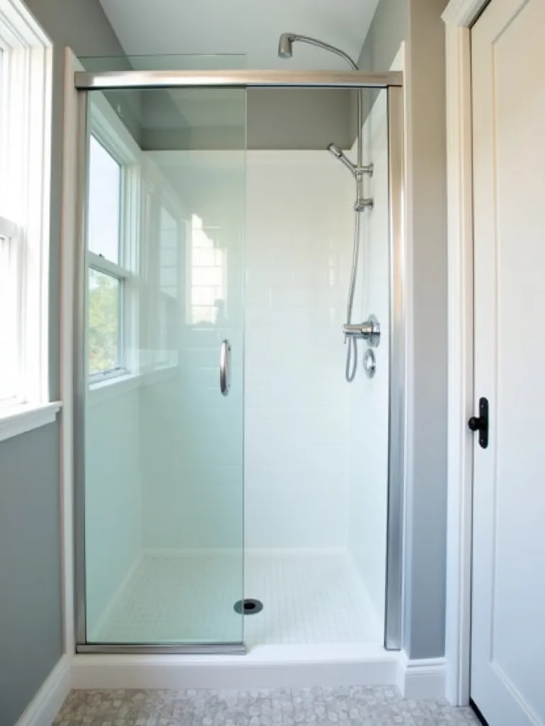 Small, bright bathroom with clear glass shower doors enhancing the sense of openness and spaciousness.