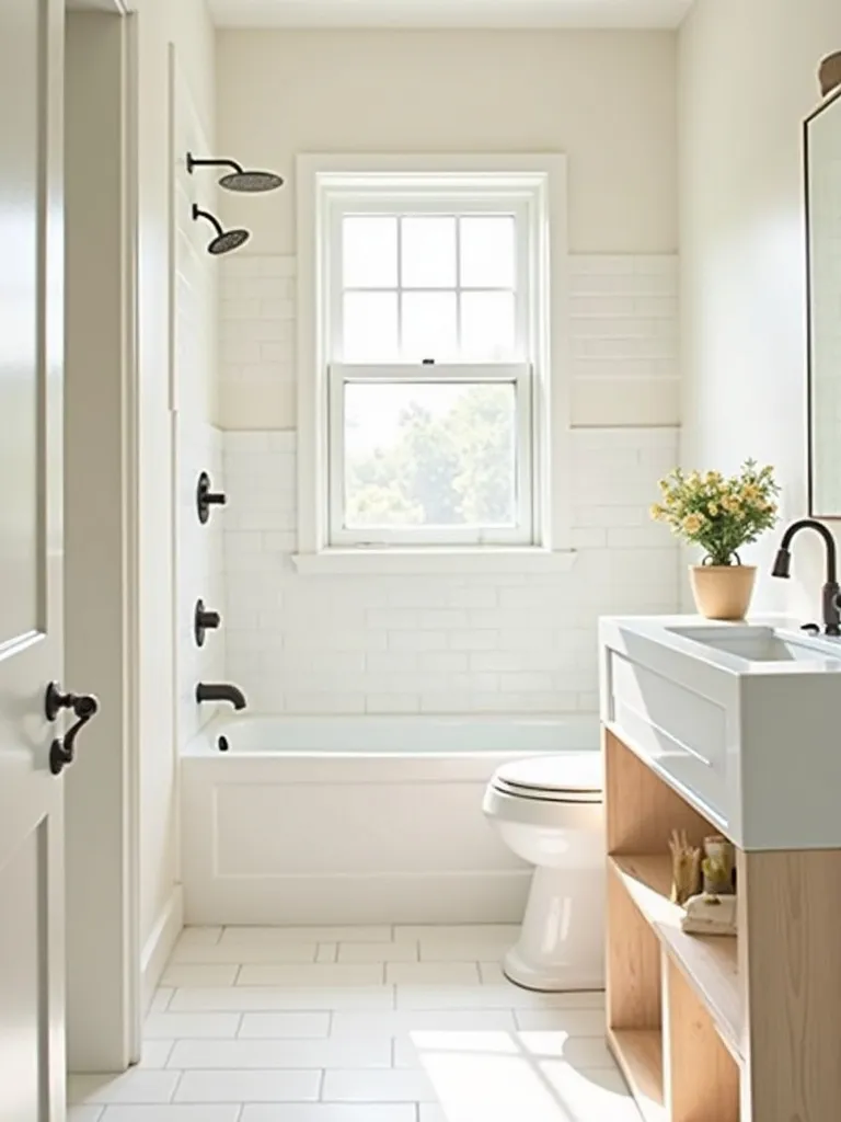 Small, bright bathroom with light cream walls and white tiles, emphasizing an airy and spacious feel.