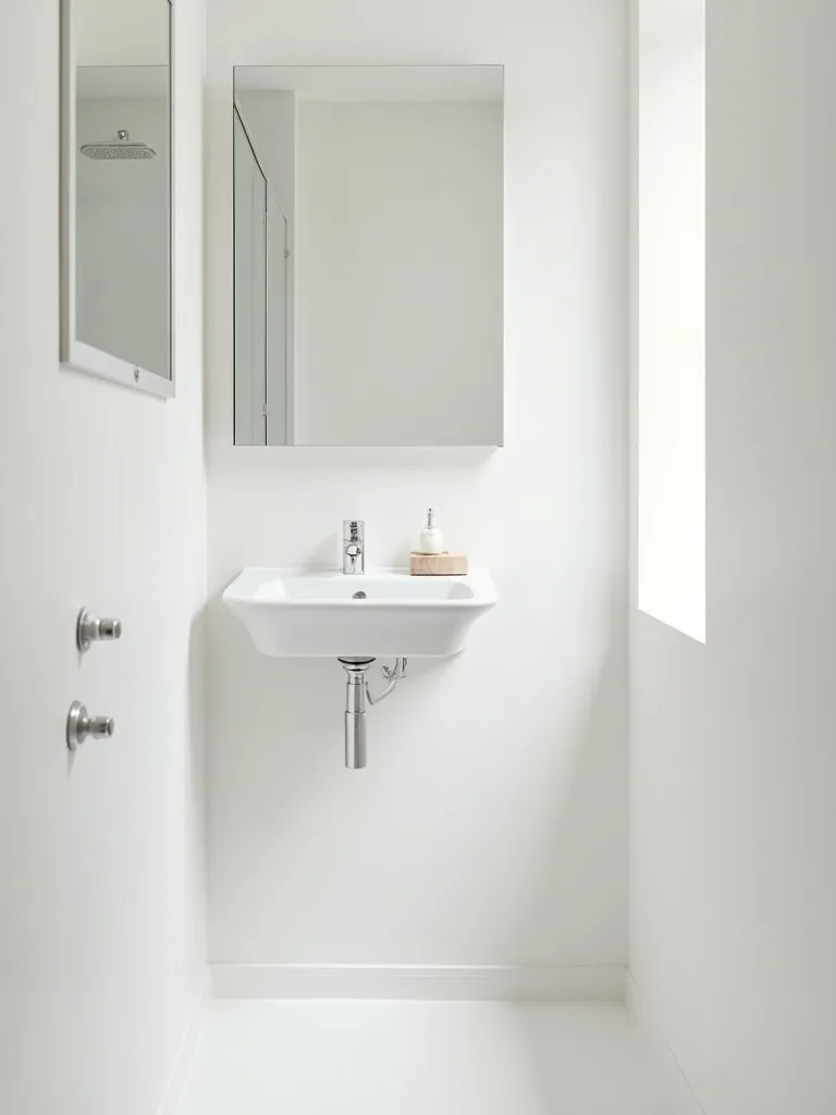 Small, minimalist bathroom showcasing clean lines, uncluttered surfaces, and a serene, clutter-free vibe.