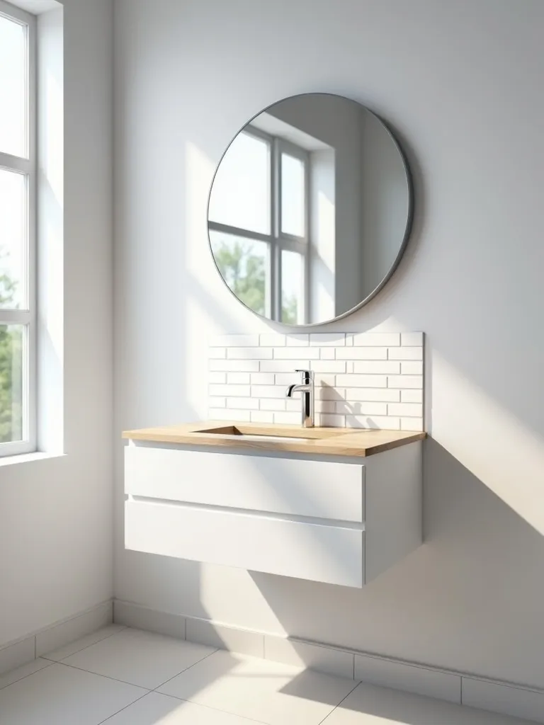 A modern minimalist bathroom featuring a large round frameless mirror above a white floating vanity.