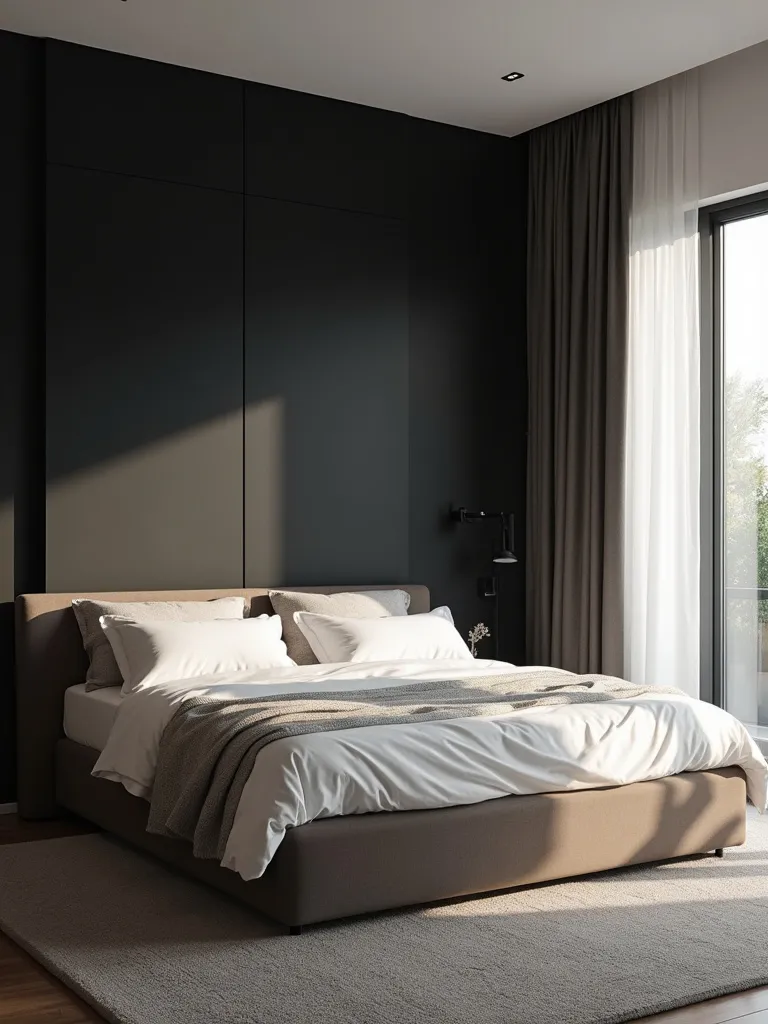 Minimalist bedroom with a dramatic black accent wall behind a king-sized bed, bathed in soft morning light.
