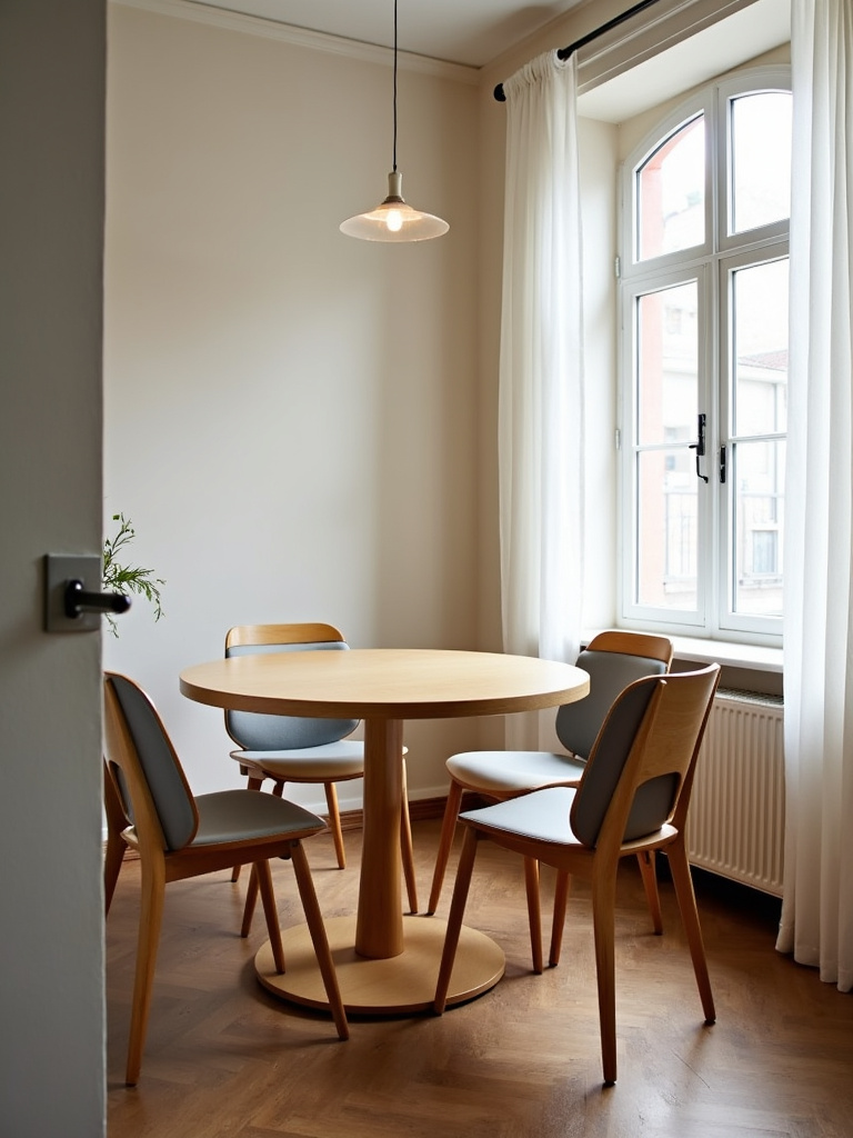 Small dining room with a round wooden table and chairs, bathed in natural light.