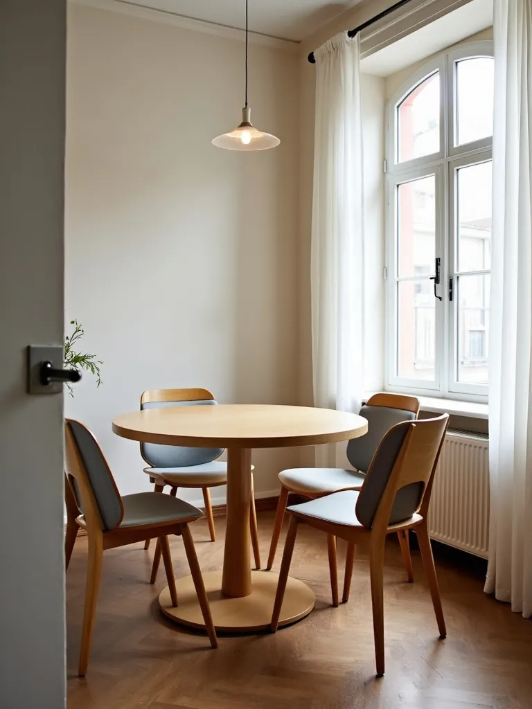 Small dining room with a round wooden table and chairs, bathed in natural light.