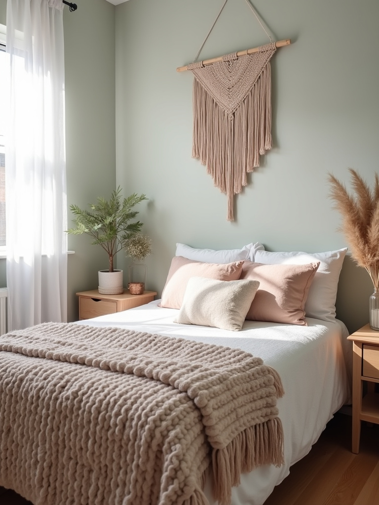 Bohemian teenage bedroom with a bed featuring textured textiles and a macrame wall hanging above the headboard, bathed in natural light.