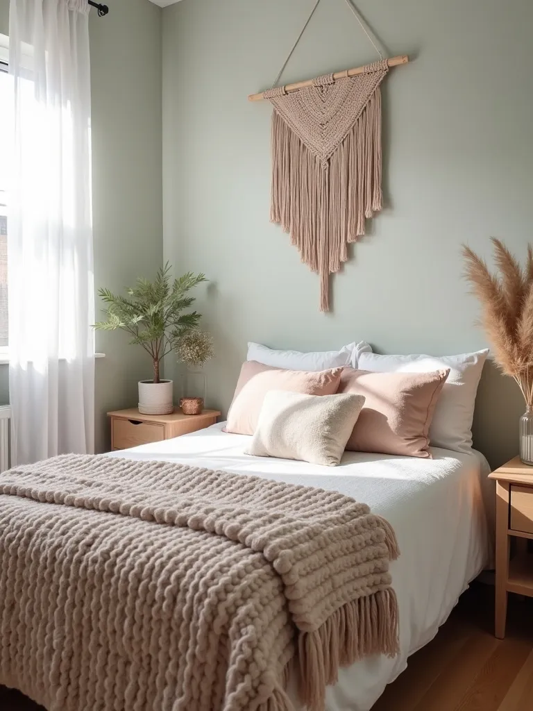 Bohemian teenage bedroom with a bed featuring textured textiles and a macrame wall hanging above the headboard, bathed in natural light.