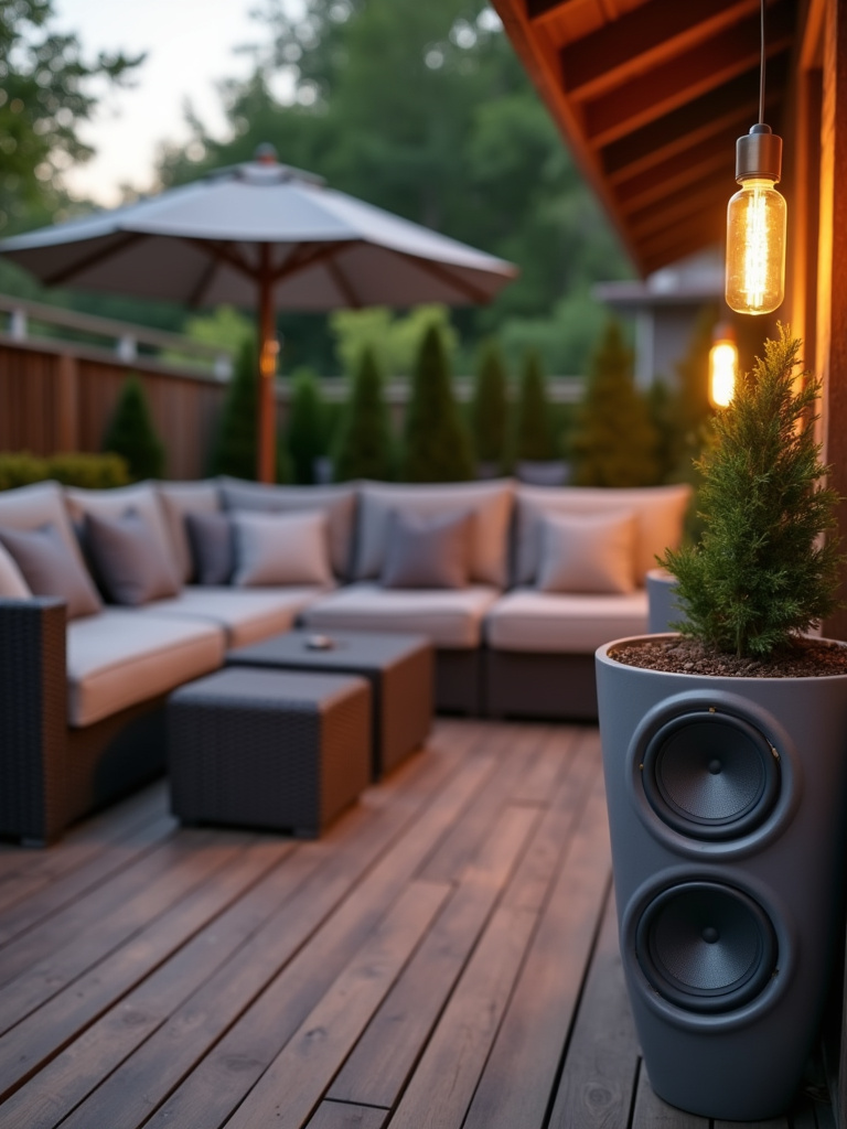 Deck lounge area featuring discreet outdoor speakers seamlessly integrated into planters, creating a relaxed and atmospheric space enhanced by subtle background music.