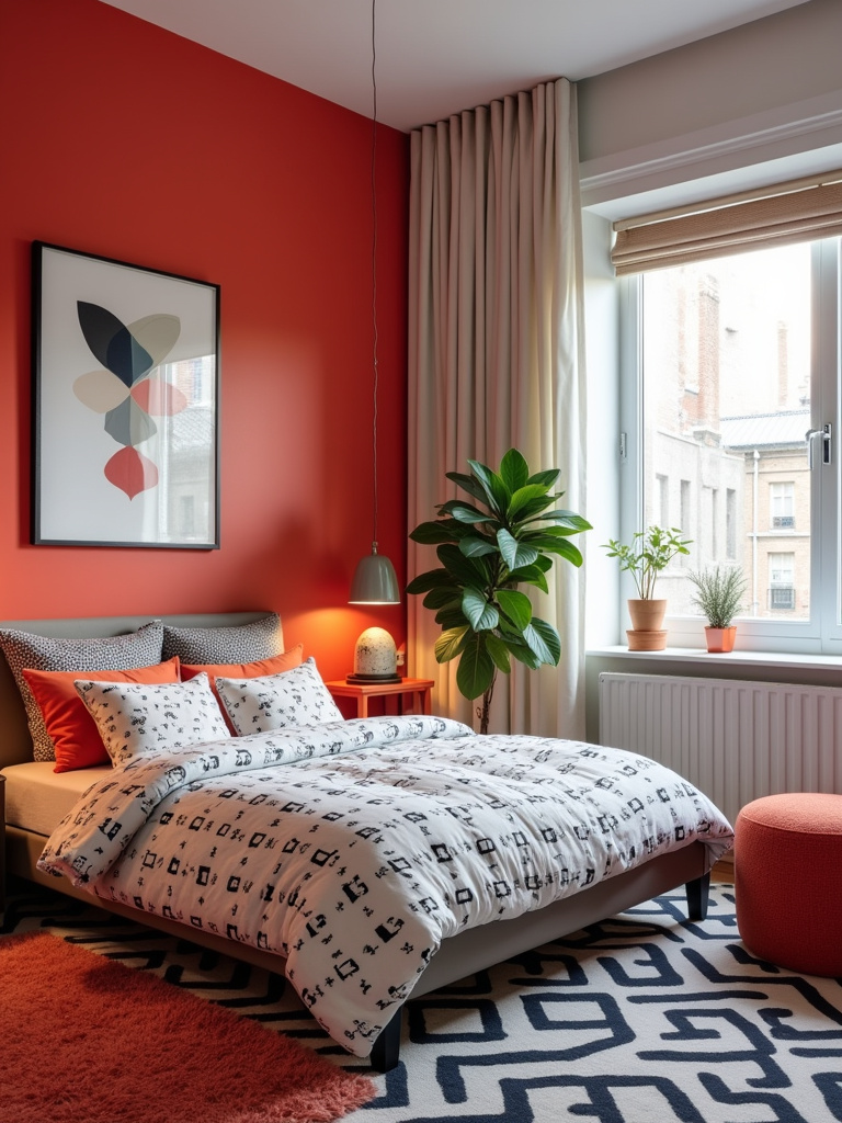 Modern teenage bedroom featuring bold colors with an accent wall and geometric patterns in bedding and rug, creating a vibrant and stylish space.