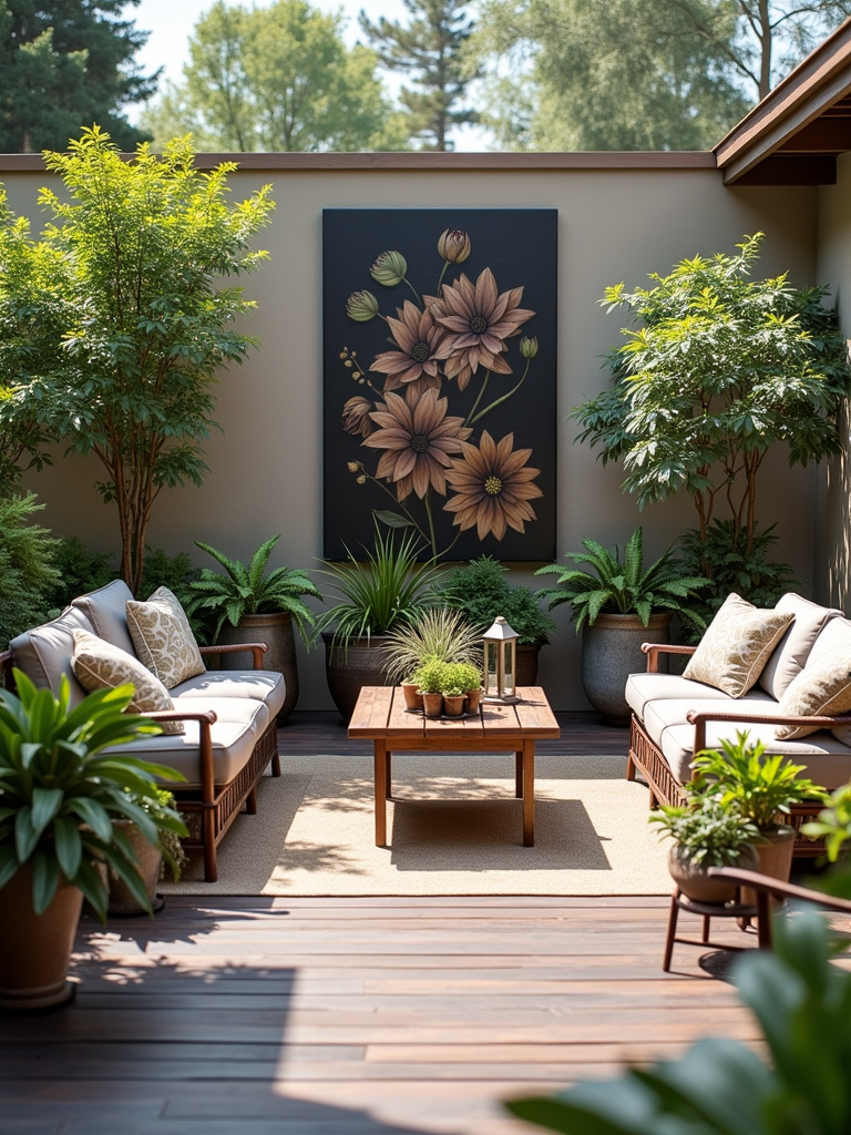Deck lounge area featuring a piece of durable outdoor art, such as a metal sculpture or weatherproof canvas, adding an artistic and personalized touch to the outdoor decor.