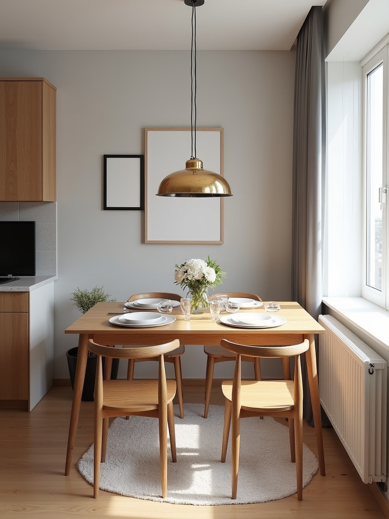 Small dining room featuring an extendable table in both its compact and extended forms.