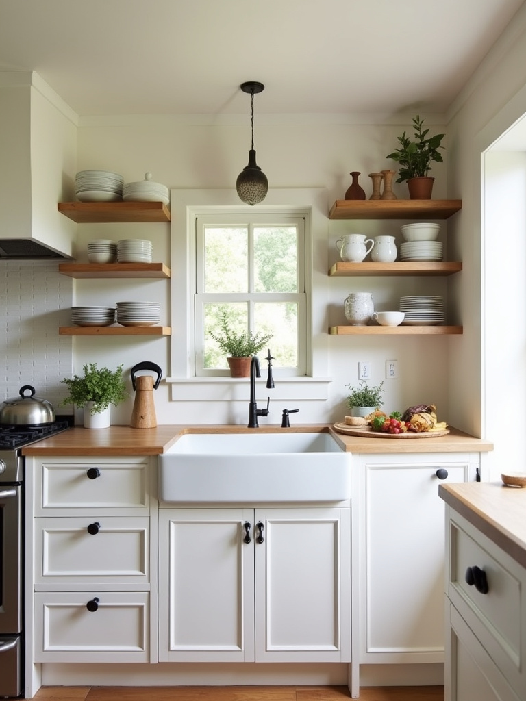 Farmhouse kitchen with a white apron-front sink, wooden countertops, and vintage decor