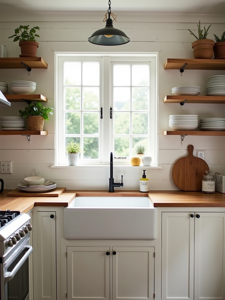 Inviting farmhouse kitchen with a white shiplap backsplash, butcher block countertops, and open shelving displaying white dishes