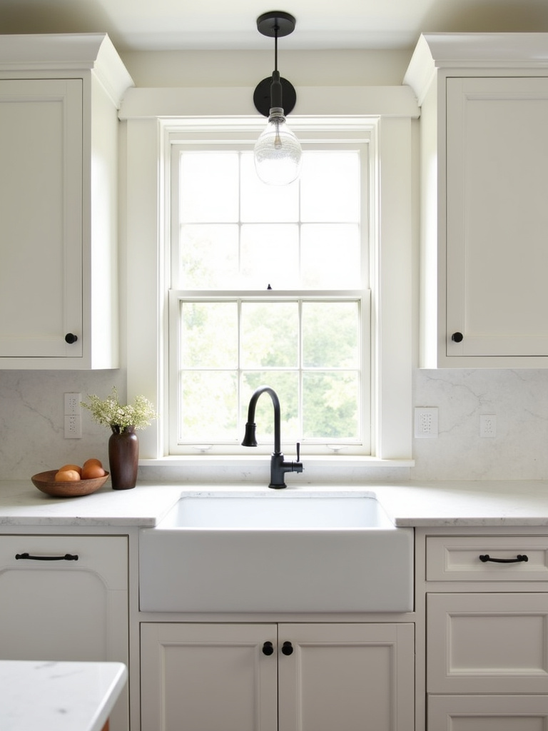Classic farmhouse kitchen featuring white shaker cabinets and a charming white fireclay farmhouse sink integrated seamlessly with white quartz countertops.