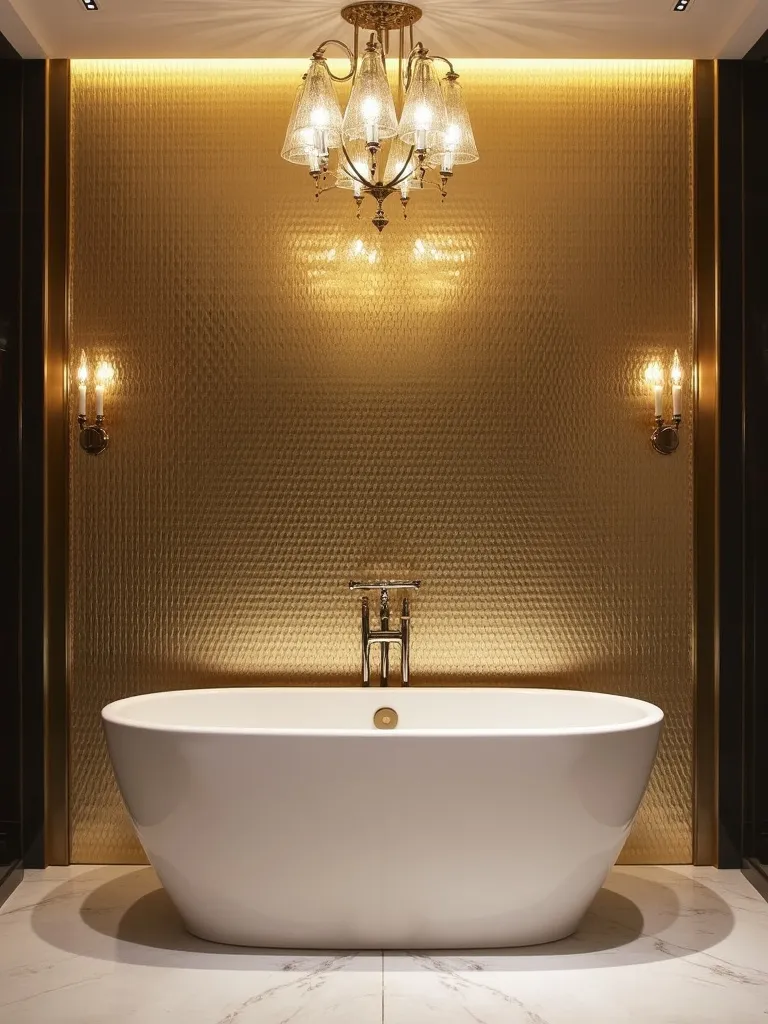 Luxurious bathroom with a gold metallic tile feature wall behind a freestanding bathtub, creating a glamorous focal point.