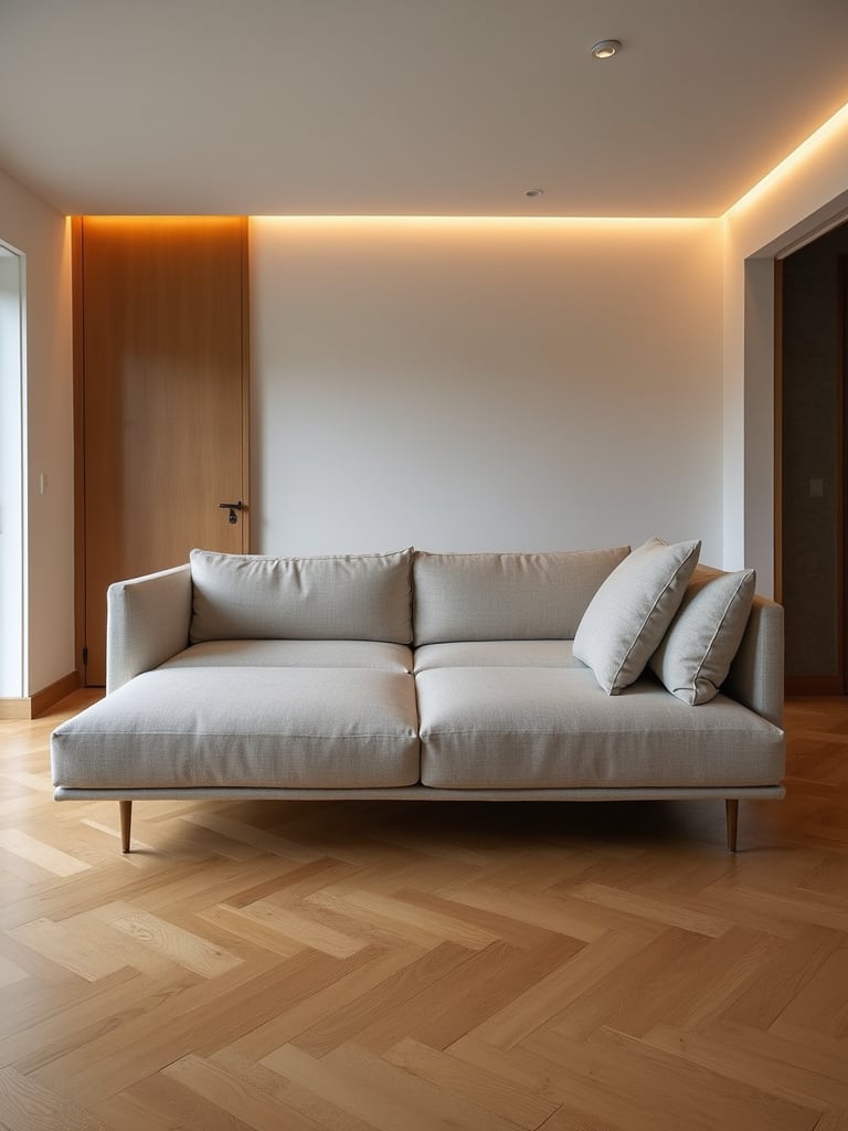 “Modern living room showcasing a floating sectional sofa in the center of the space, creating walkways and enhancing the feeling of spaciousness with hardwood floors and warm lighting.”