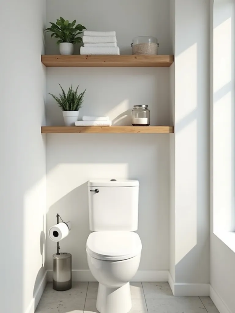 Floating wooden shelves mounted above a toilet with neatly arranged towels and small decorative objects in a bright, modern bathroom.