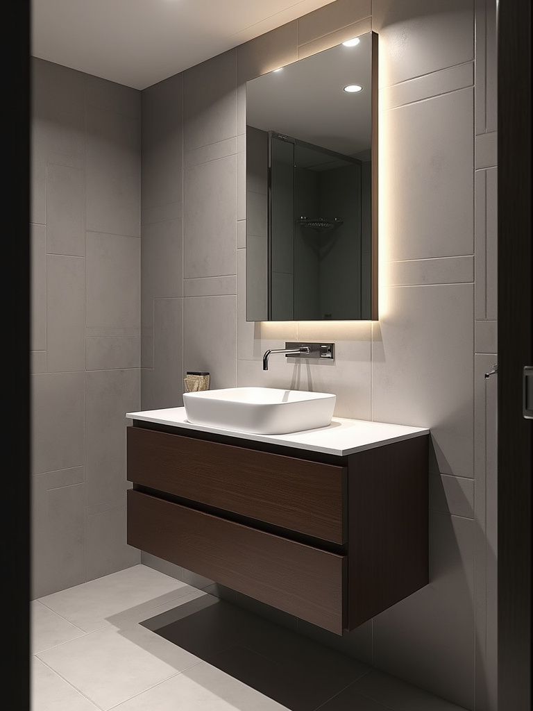 “A modern, small bathroom featuring a stylish dark wood floating vanity that enhances the feeling of spaciousness.”