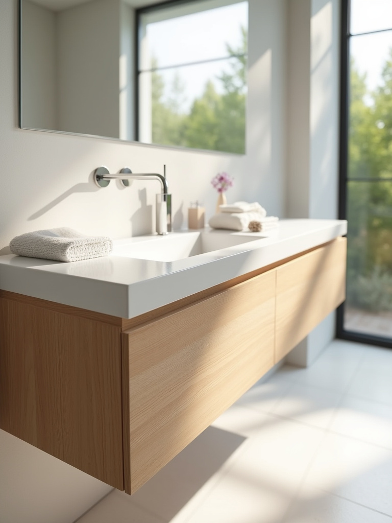 Minimalist bathroom with a light oak floating vanity and ample space.