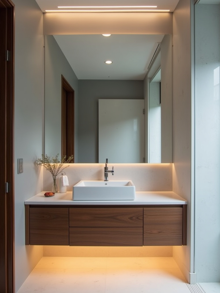 A modern bathroom featuring a floating walnut vanity with a white countertop and vessel sink, illuminated by warm ambient lighting.