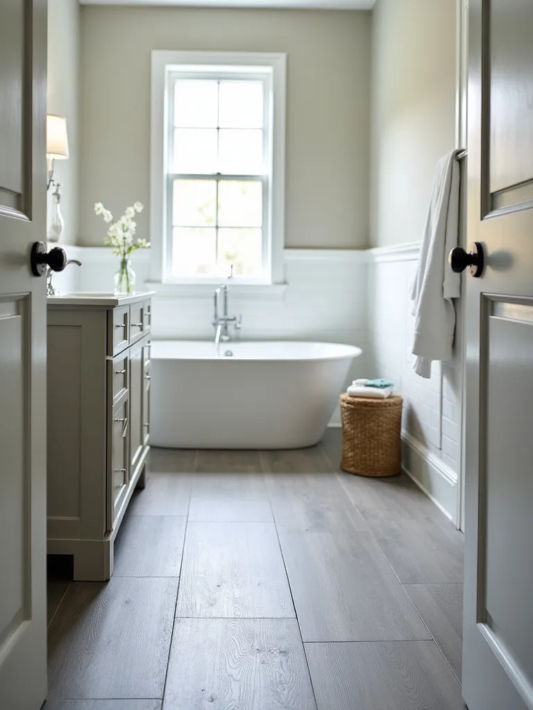 Transitional bathroom with a grey wood-look plank tile floor, creating a warm and durable foundation.