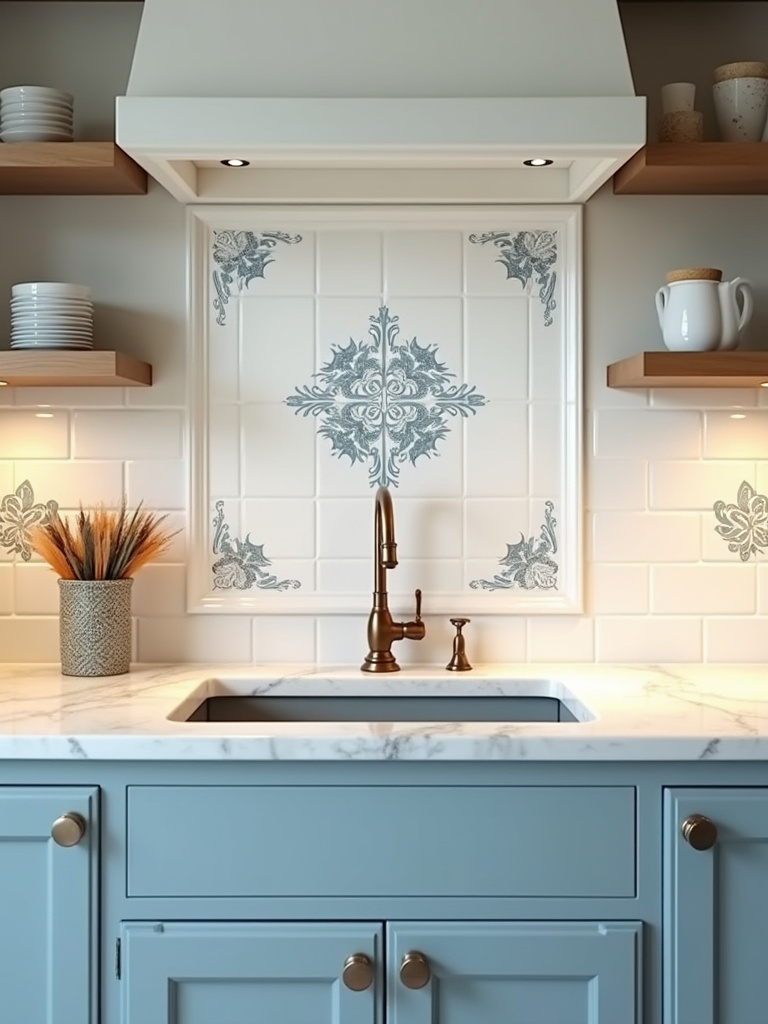 Charming kitchen with a white ceramic tile backsplash featuring a delicate blue floral pattern, pastel blue cabinets, and vintage accents