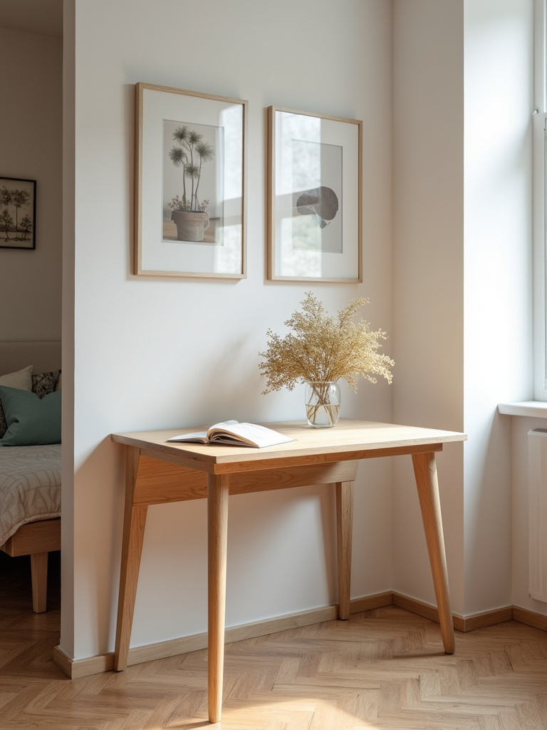 Studio apartment small dining room featuring a wall-mounted fold-down table in both configurations.