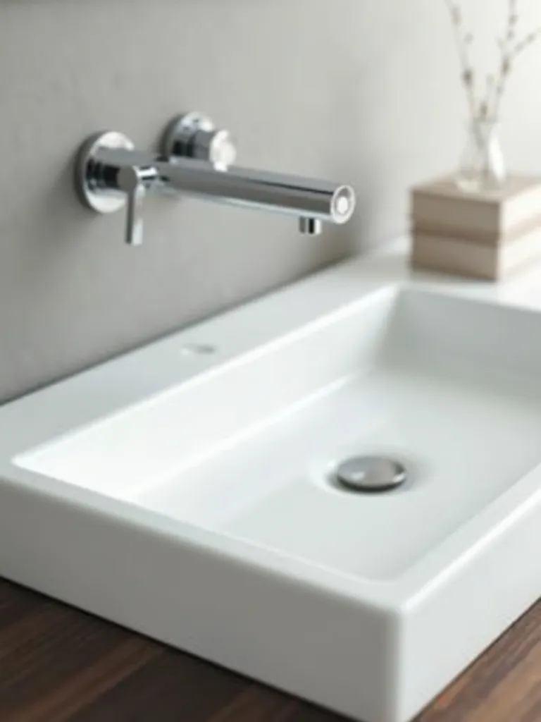 Close-up of a modern bathroom vanity with a chrome wall-mounted faucet freeing up countertop space.