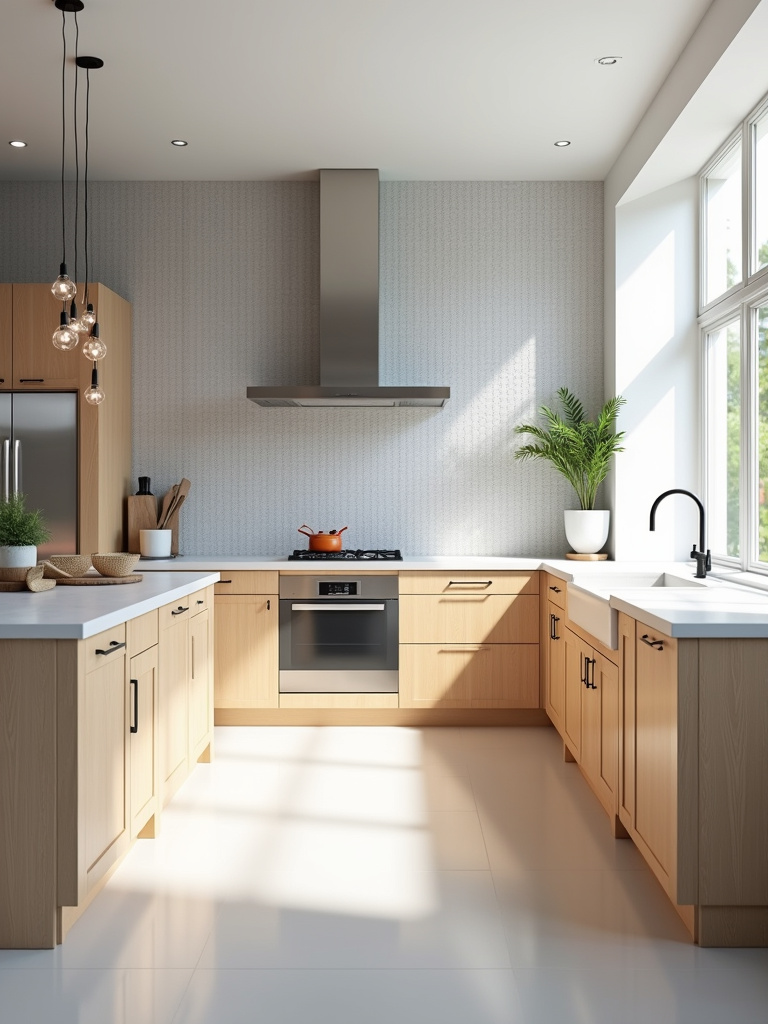 Modern kitchen design featuring a stylish grey hexagon tile backsplash, light wood cabinets, and clean lines