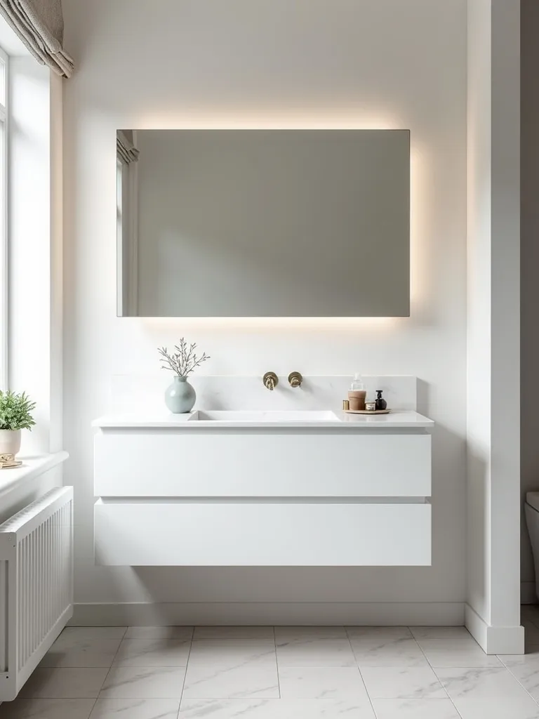 A modern bathroom scene showcasing a large frameless geometric mirror above a white floating vanity, illuminated by soft natural light.