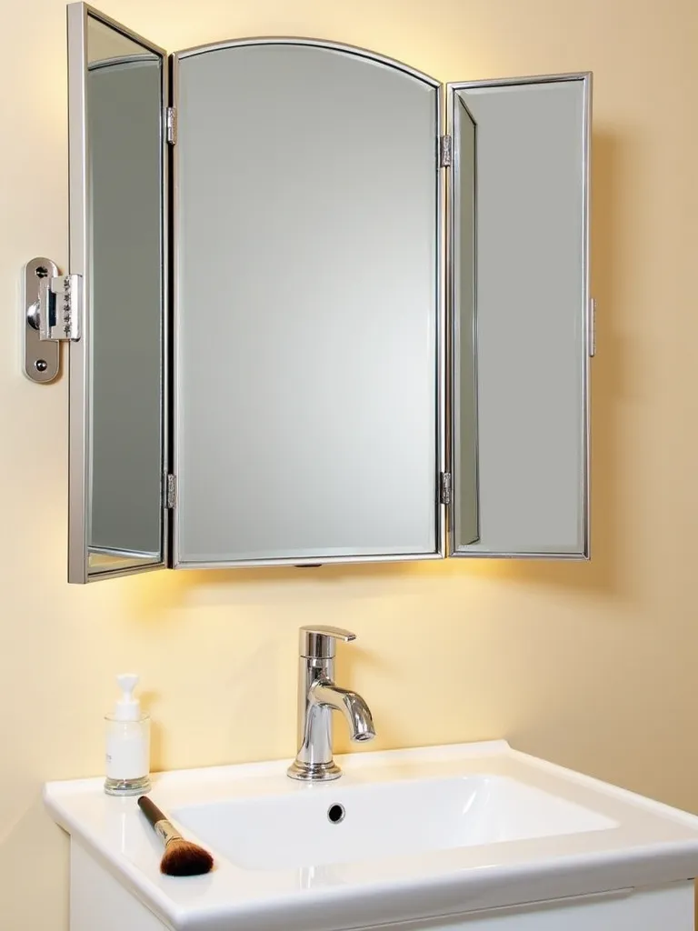 A chrome triptych bathroom mirror with side panels angled inwards, mounted above a white vanity countertop.