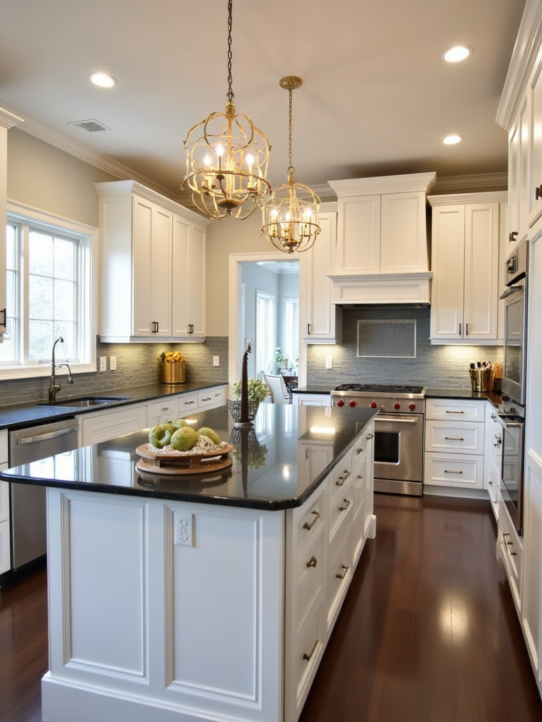 Glam kitchen with white cabinets, dark countertops, and gold metallic accents and lighting