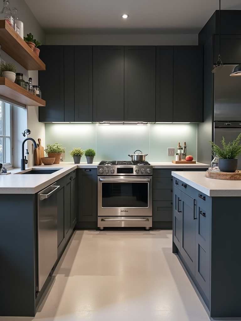 Modern minimalist kitchen featuring a sleek clear glass backsplash, complemented by dark grey cabinets and stainless steel appliances