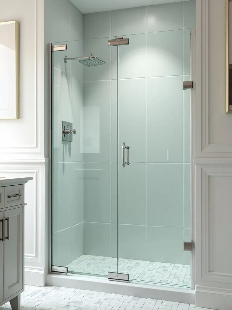 A glass shower door and its minimalist hardware in a classic bathroom, and how it aids in a transparent design.