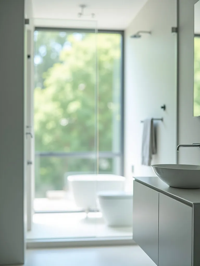 A minimalist bathroom with a clear glass shower enclosure and lots of light.