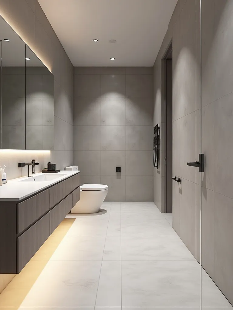 Modern bathroom with large format light grey tiles on the floor and lower walls, creating a clean and spacious feel.