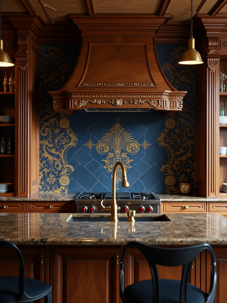 Luxurious maximalist kitchen with a bold dark blue and gold patterned tile backsplash, rich wood cabinets, and ornate details